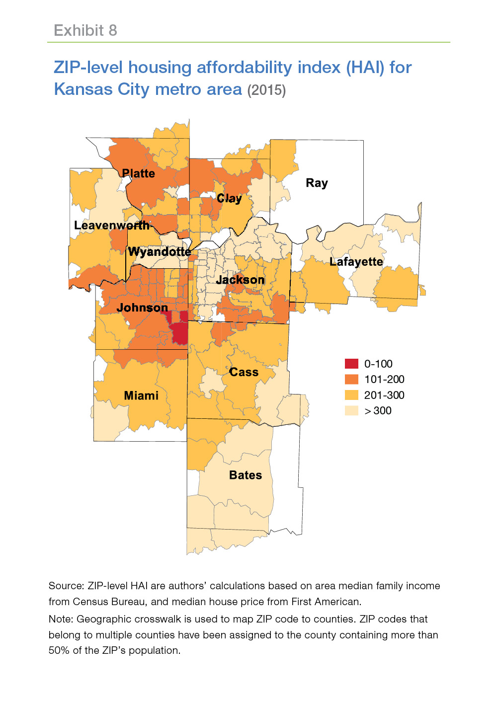 Map showing ZIP-level housing affordability index (HAI) for Kansas City Metro area (2015)