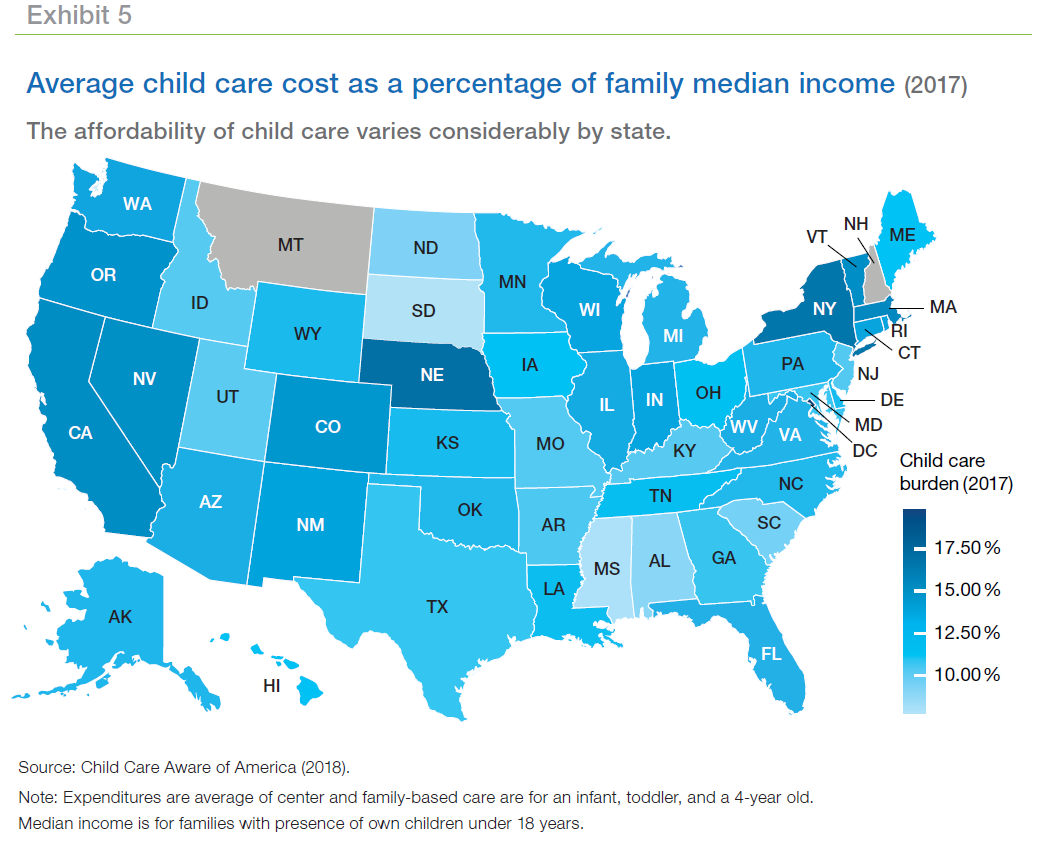Map of U.S. showing the 2017 average child care cost percentage of families