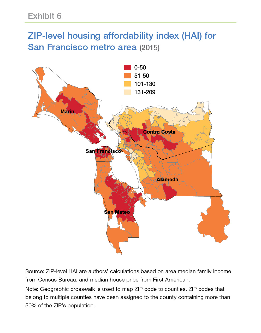 Maps showing ZIP-level housing affordability index (HAI) for San Fransisco metro area (2015)