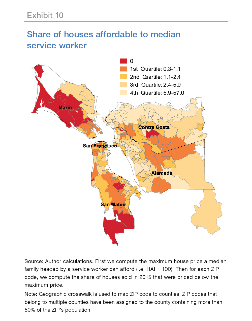 Maps showing the share of houses affordable to median service worker