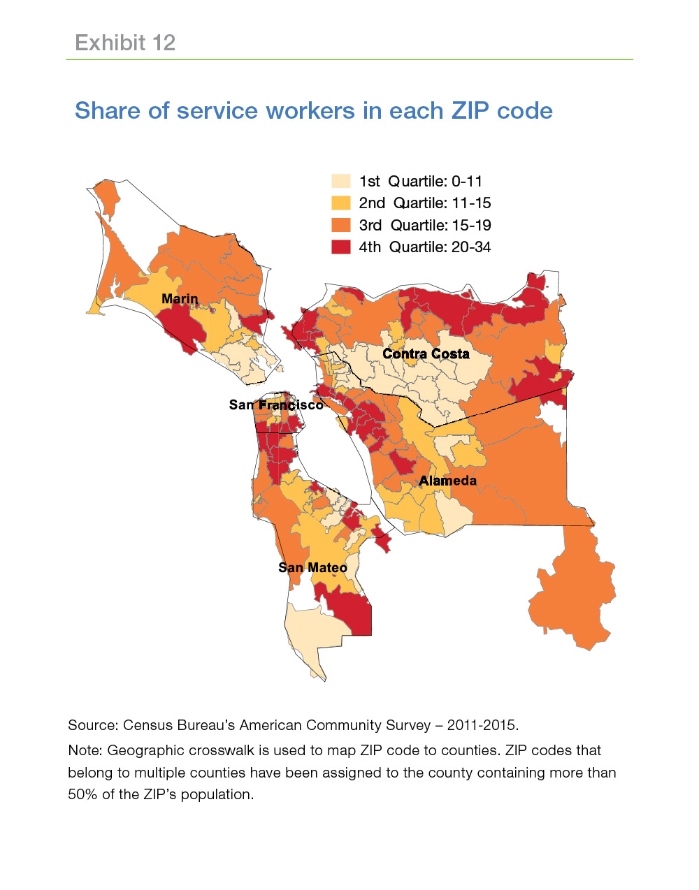 Map showing share of service workers in each ZIP code