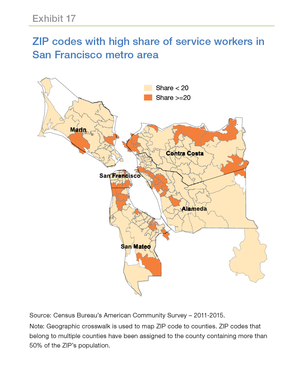 Maps showing s ZIP codes with a high share of service workers in San Francisco metro area