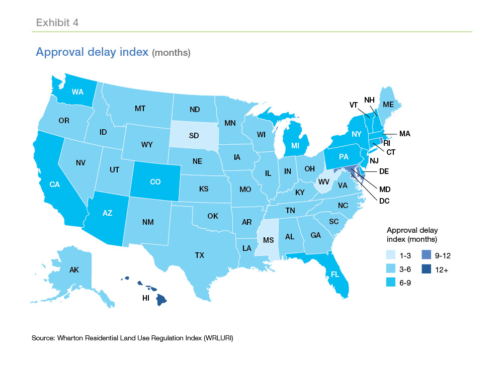 Map of U.S. showing the approval delay index per state (months)