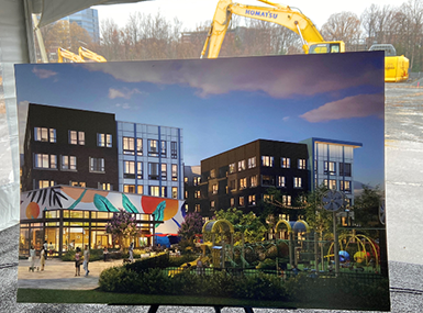 Image of affordable rental apartment housing buildings with a park overlayed over an image with a construction crane
