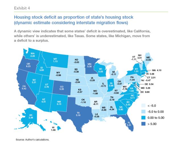 Blue map showing housing stock deficit as proportion of a state's housing stock 