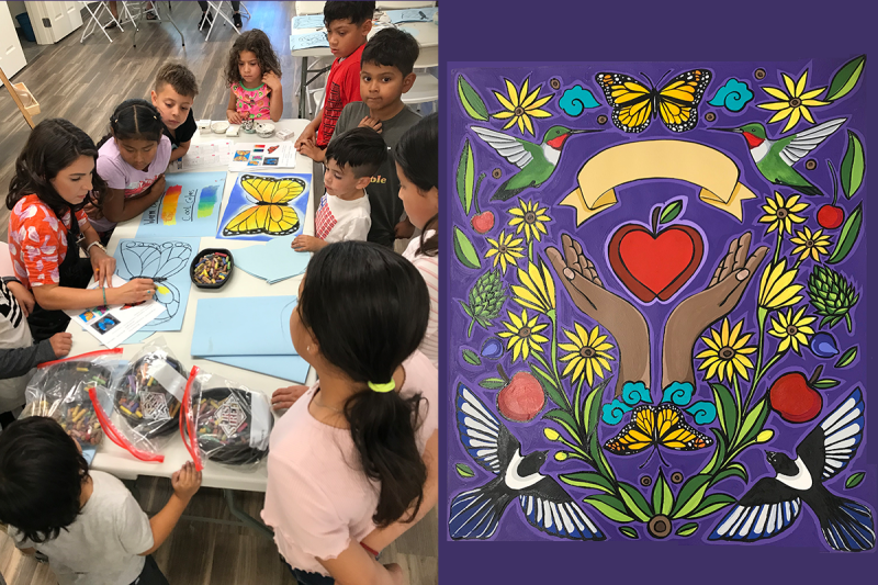 Students and teacher working on an art project