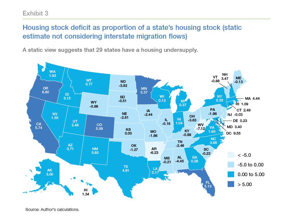 Blue map showing housing stock deficit as proportion of a state's housing stock (static estimate).