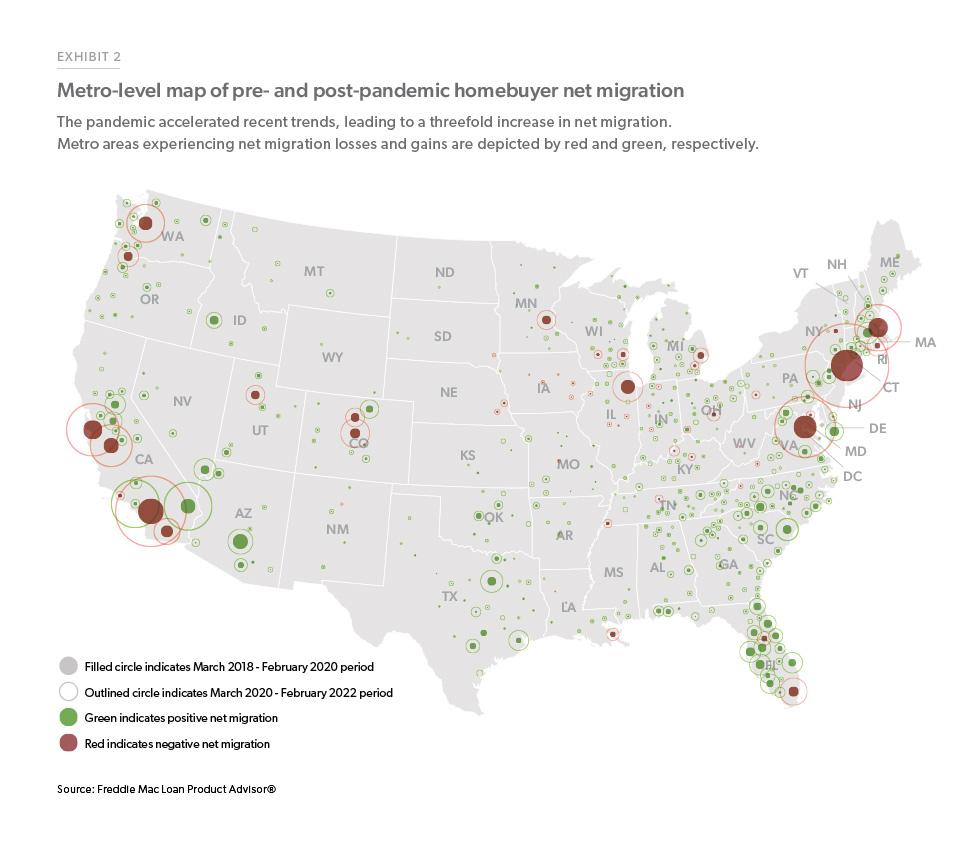 Exhibit 2: Metro-level map of pre- and post-pandemic homebuyer net migration