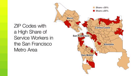 Maps showing zip codes with a high share of service workers in the San Francisco Metro area